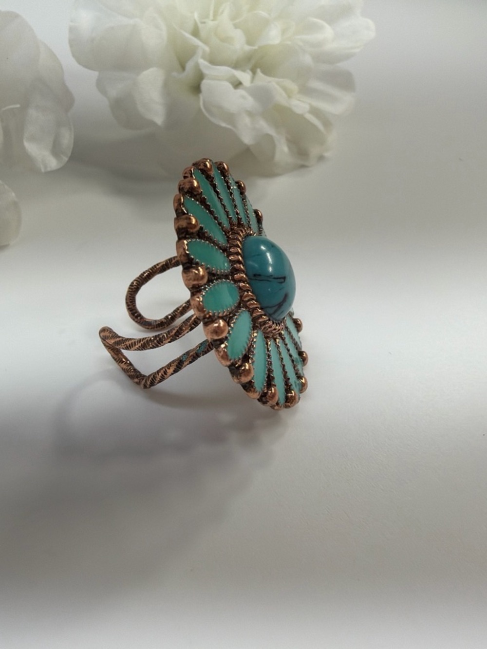 Turquoise Flower Statement Ring -adjustable Copper Finish